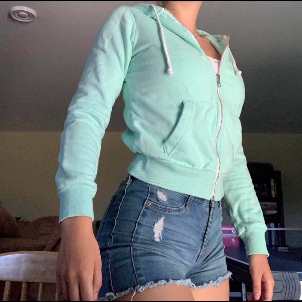 mint green hoodie
